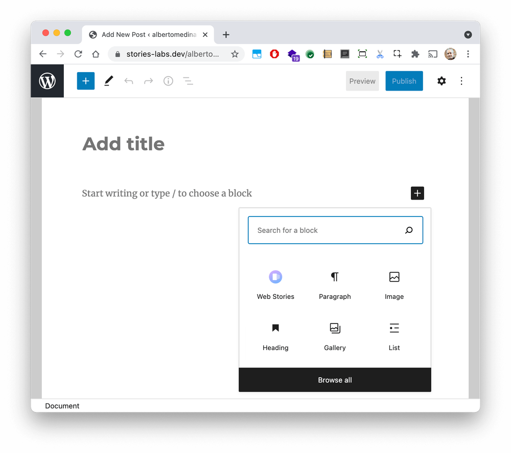 A new blog post interface in WordPress, without any content text, showing the types of blocks you can add to the post.