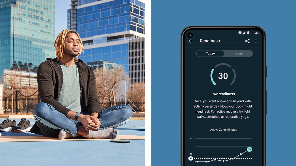 Demonstration of a low readiness score in Fitbit Premium’s Daily Readiness app experience. You may see a low score due to your activity, sleep or HRV, and will receive guidance on how to recover on low score days.