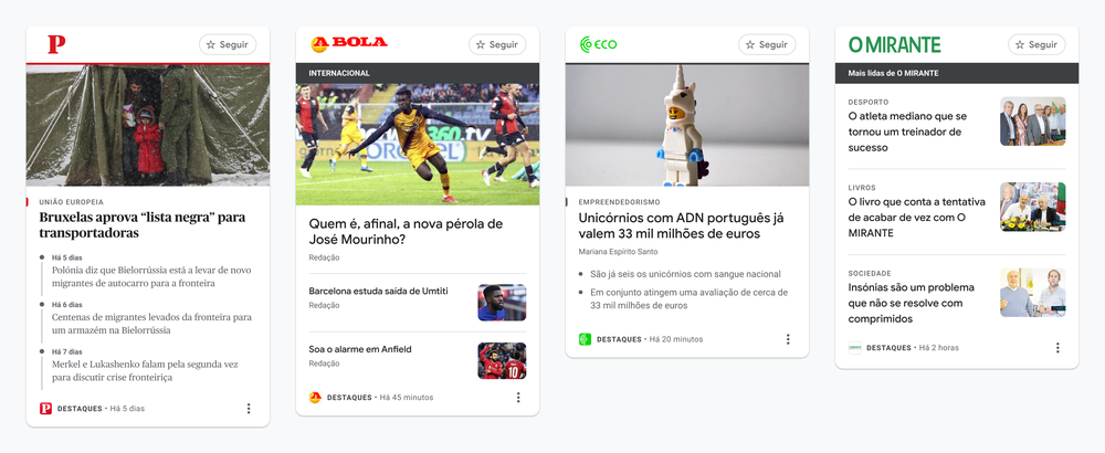 This image shows four different News Showcase panels (including timeline and related articles) with just some of our news partners in Portugal