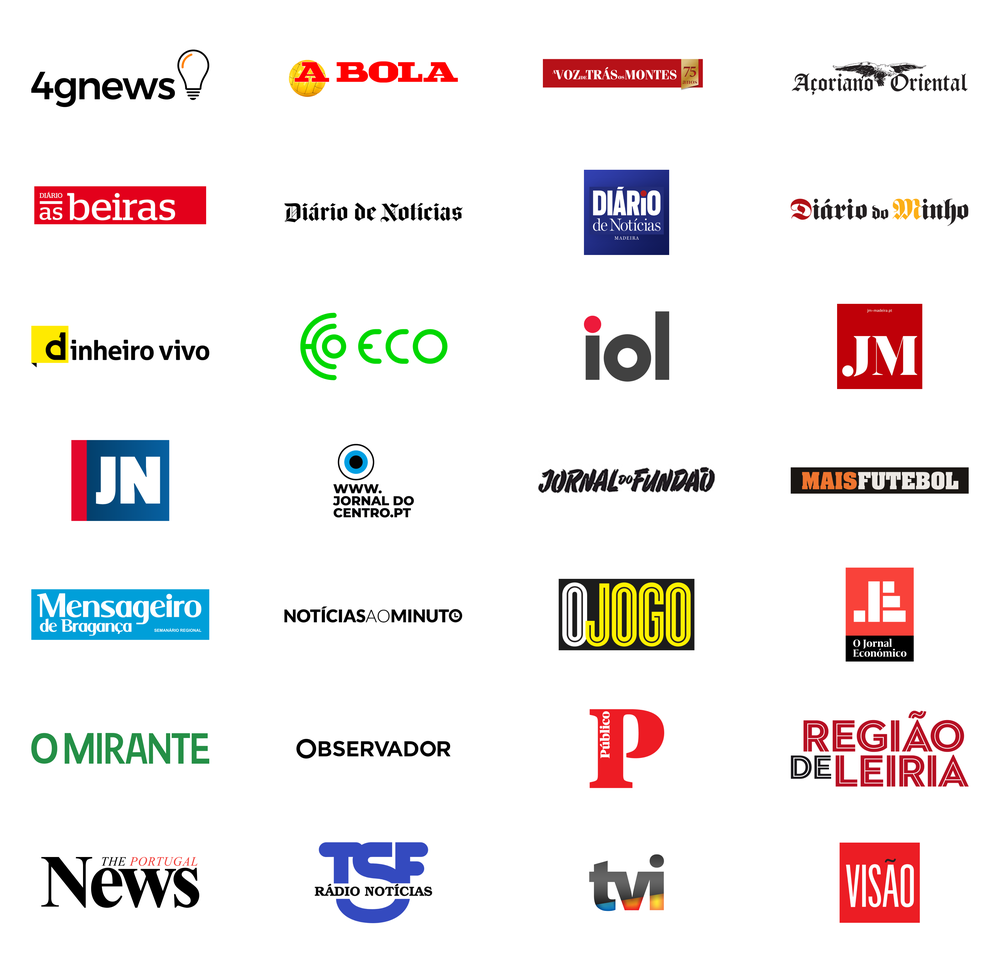 This image shows the logos of: 4gNews, A Bola, A Voz de Trás-os-Montes, Açoriano Oriental, Diário As Beiras, Diário de Notícias, Diário de Notícias da Madeira, Diário do Minho, Dinheiro Vivo, ECO, IOL, Jornal da Madeira, Jornal de Notícias, Jornal do Centro, Jornal do Fundão, Mais Futebol, Mensageiro de Bragança, Notícias ao Minuto, O Jogo, O Jornal Económico, O MIRANTE, Observador, Público, Região de Leiria, The Portugal News, TSF, TVI24, Visão