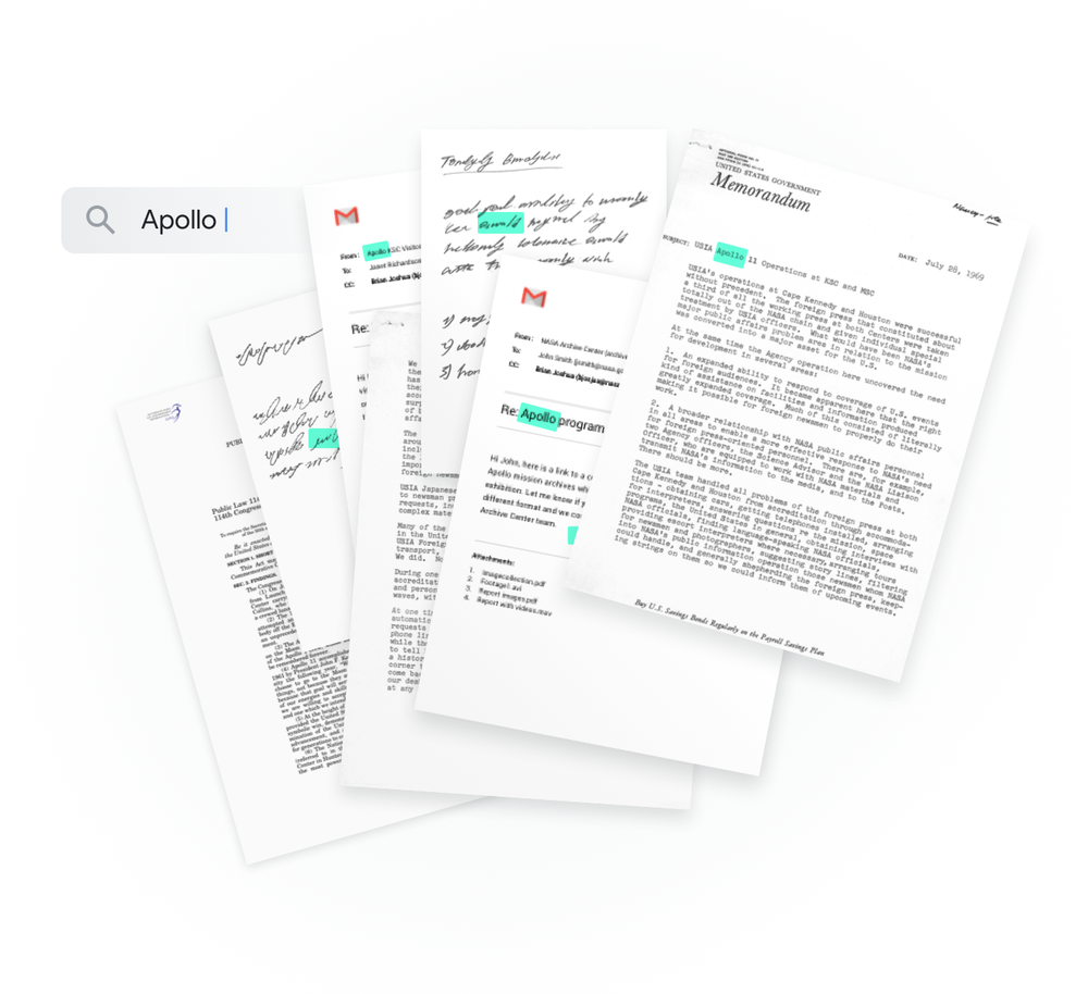 This illustration shows papers that have the same word and shows that Pinpoint can find them regardless if they are in text or in handwriting.
