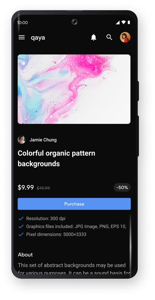 Alt text: A mobile view of a creator's product detail page on Qaya. The page shows information about the product, including contents and price.