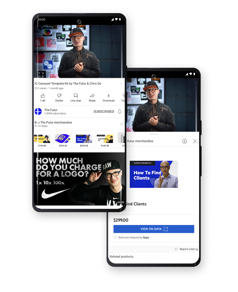 This image shows a creator using Qaya and the YouTube Merch Shelf simultaneously. The creator's products appear on YouTube, under their videos. Consumers can click through to learn more or buy on Qaya.