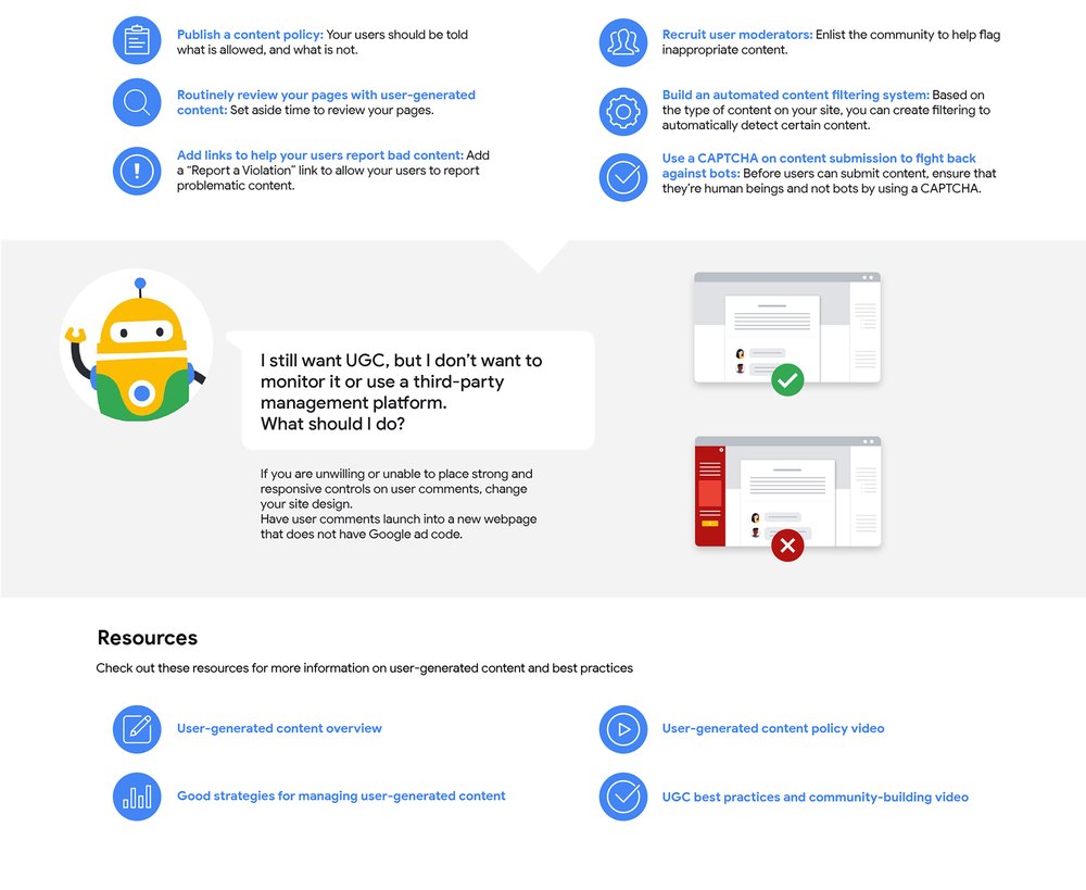 second part of the infographic with 6 blue and white bullets explaining how a publisher can monitor the user generated content to stay policy compliant At the bottom there are 4 different resources given