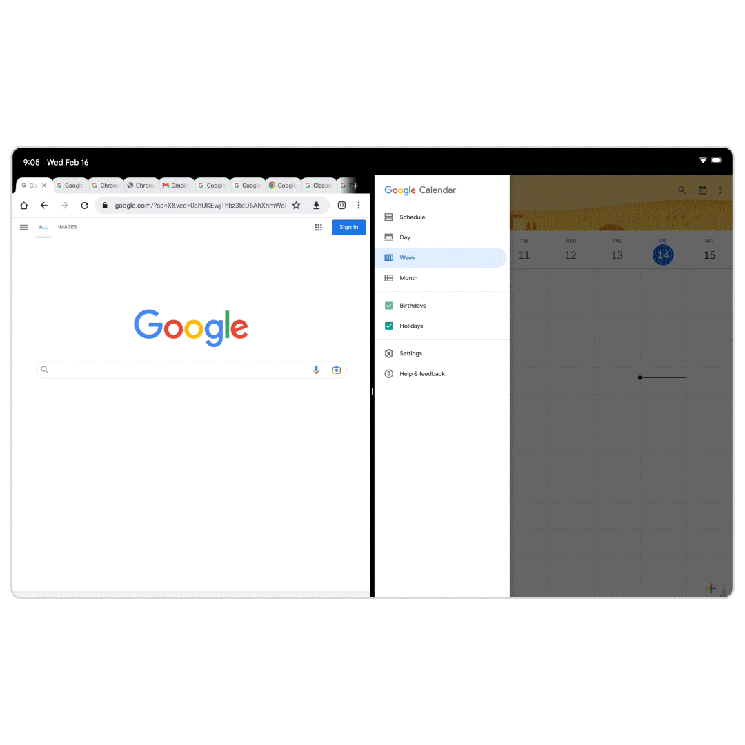 GIF image of Chrome browser split screen with Google Calendar on an Android tablet. Despite the smaller real estate, the user is able to more easily switch between tabs.