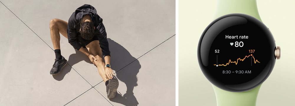 Left: A man in workout clothes sits down, stretching his legs while wearing a Google Pixel Watch. Right: A Google Pixel Watch face shows a user’s heart rate in the morning.