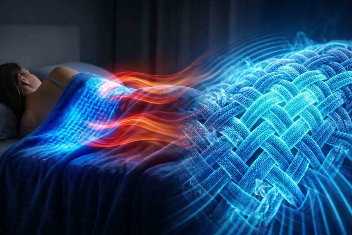 Donna che dorme serenamente con la Cooling Blanket di Oodie; l'immagine mostra vapore freddo e tendrini di aria gelida che si sollevano dalla coperta, illustrando visivamente la tecnologia di dissipazione passiva del calore.