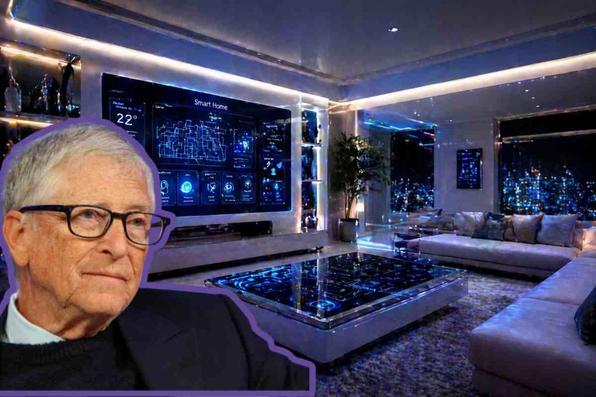 Bill Gates in un moderno soggiorno futuristico e lussuoso