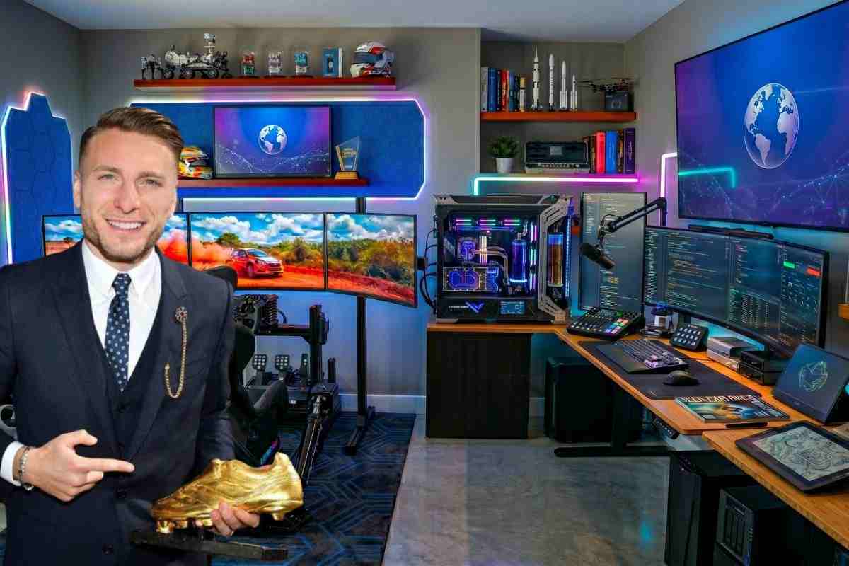 Gaming room di lusso con simulatore di guida professionale e PC gaming high-end da 20.000 euro ispirato a Ciro Immobile