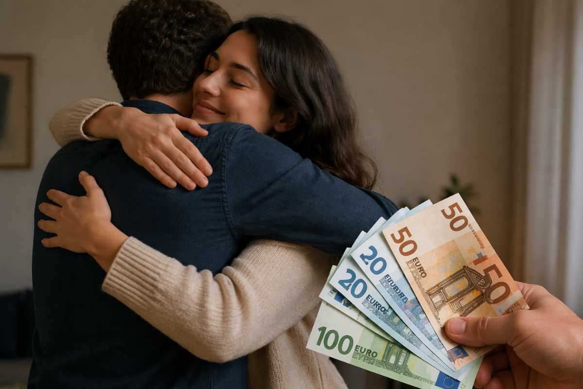 due persone si abbracciano e mano con euro