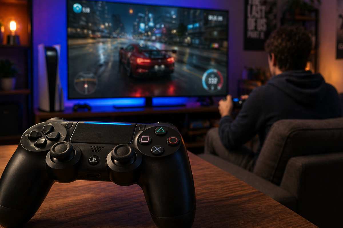 joystick e play con ragazzo di spalle