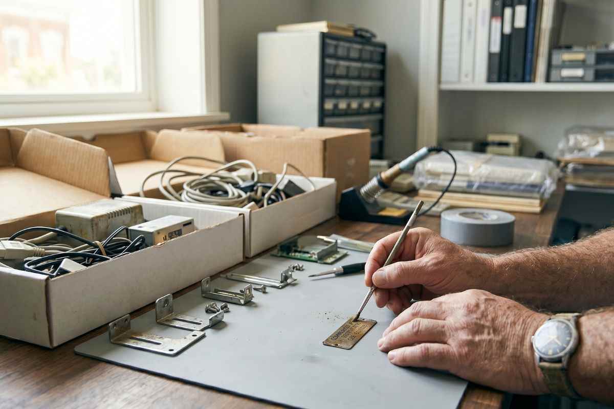 Primo piano di una mano che pulisce una targhetta metallica seriale di un prototipo informatico raro su un banco da lavoro tech.