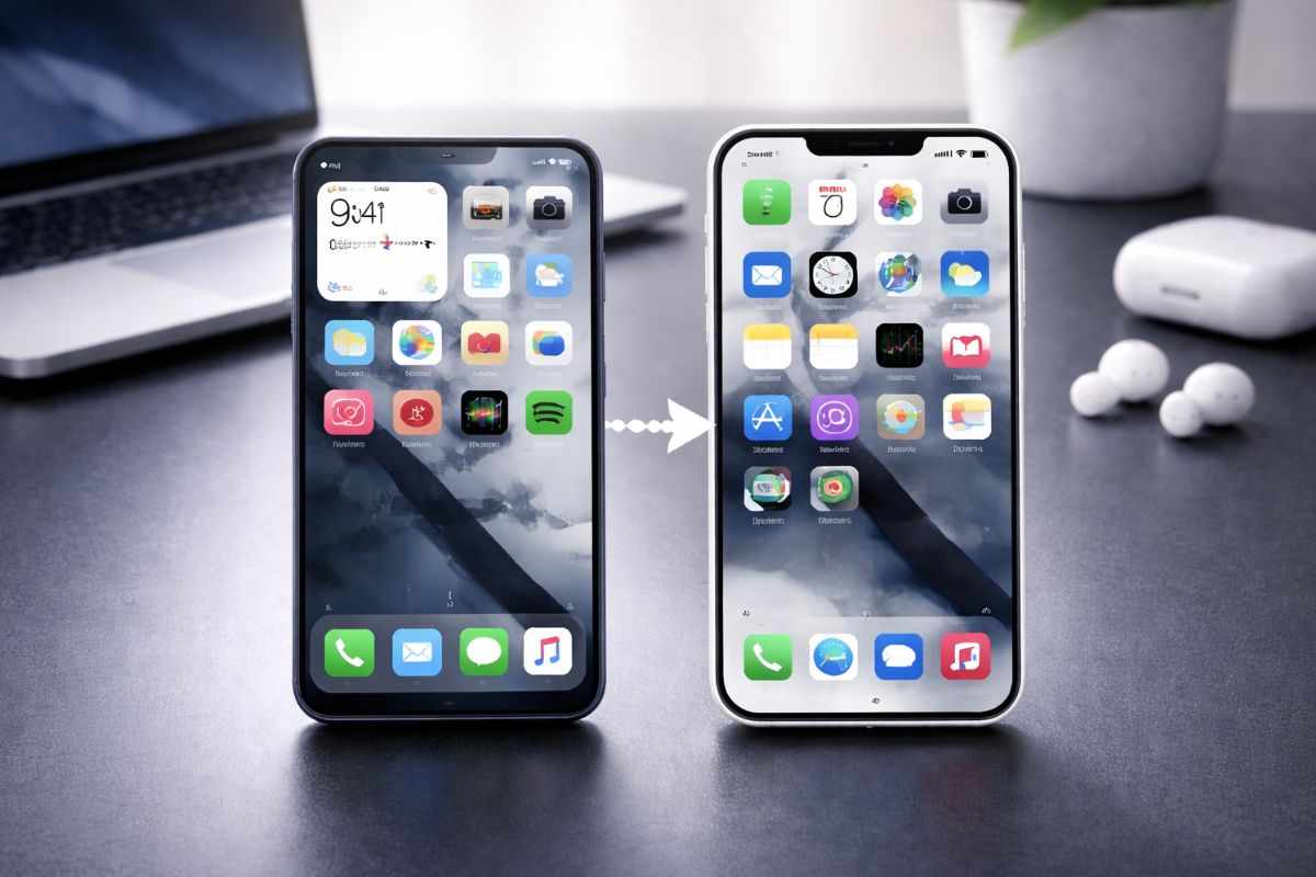 Smartphone Android con interfaccia grafica iOS 15 installata, confronto tra sistemi operativi.