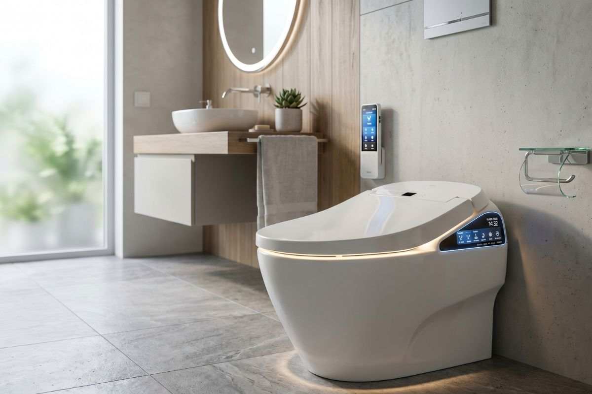 Dettaglio del pannello di controllo touch e del telecomando wireless di un Washlet moderno, il bidet intelligente con ugello autopulente