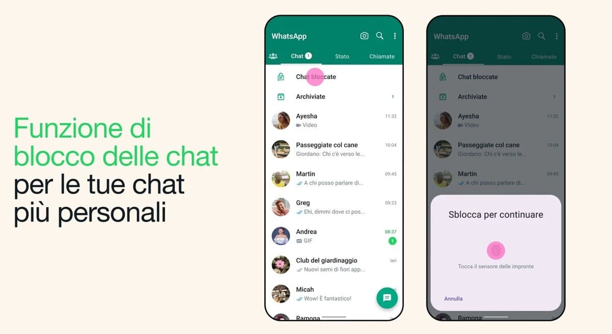 Schermata di impostazione del blocco chat tramite riconoscimento facciale e impronta digitale su smartphone.