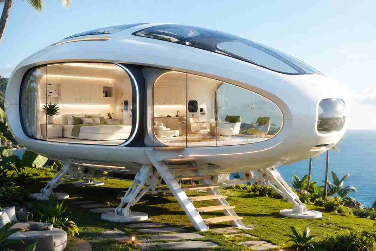Esterno di una casa-astronave prefabbricata moderna in alluminio situata in un prato verde, esempio di capsula abitativa tecnologica a basso costo