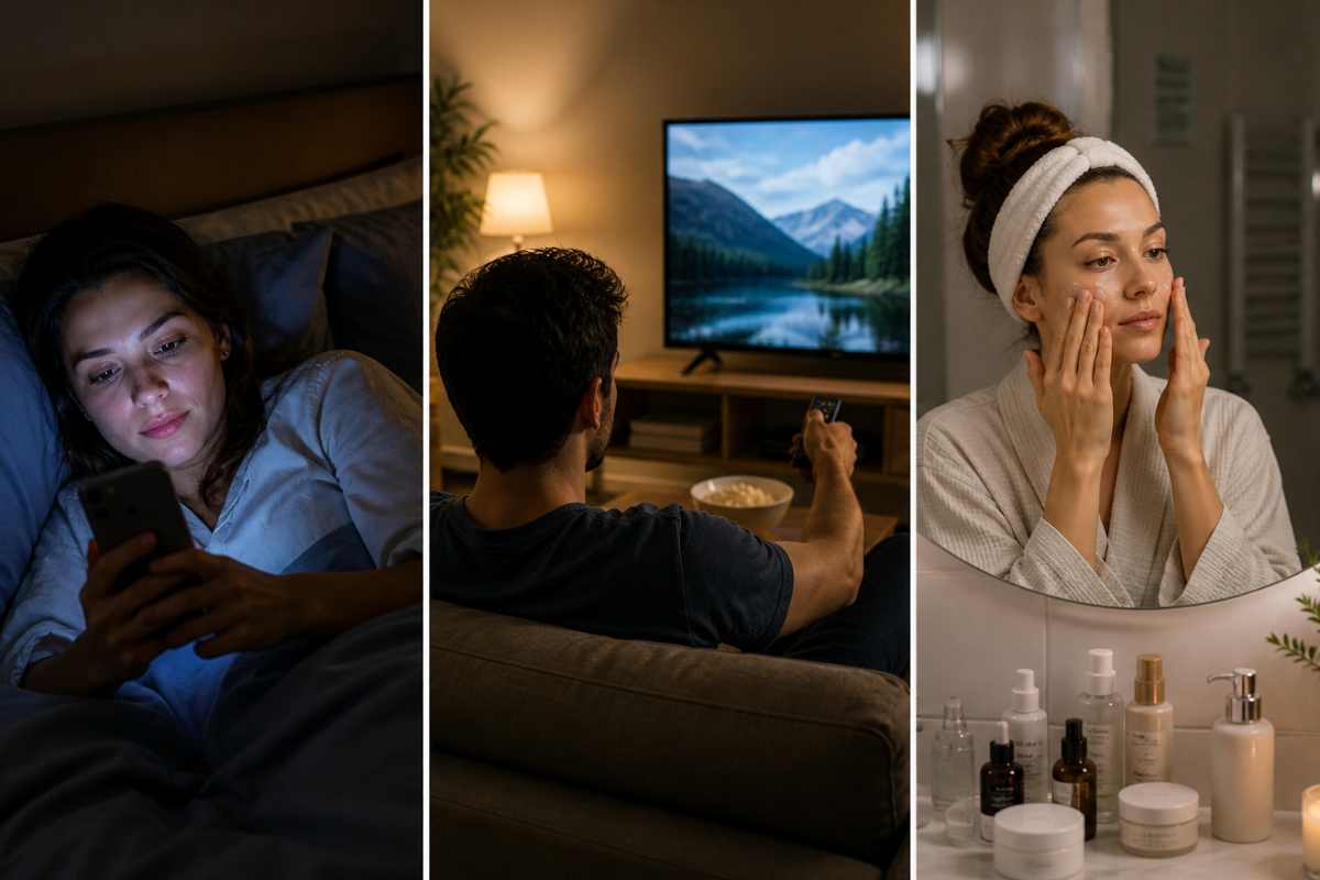 donna guarda smartphone, uomo guarda tv e donna fa skincare