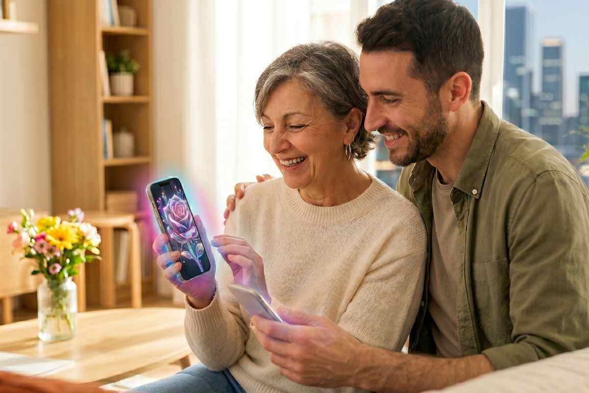Una madre e suo figlio sorridono guardando lo schermo di uno smartphone che visualizza una rosa digitale generata con l'intelligenza artificiale per la Festa della Mamma 2026.
