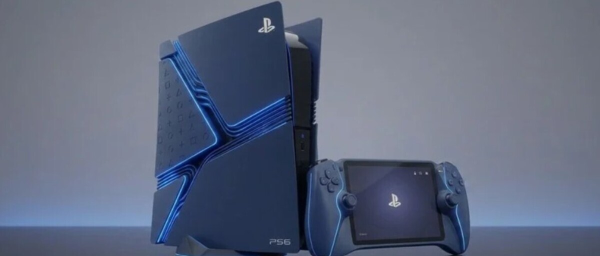 Un rendering concettuale della futura console PlayStation 6 caratterizzato da linee futuristiche e illuminazione a LED blu.