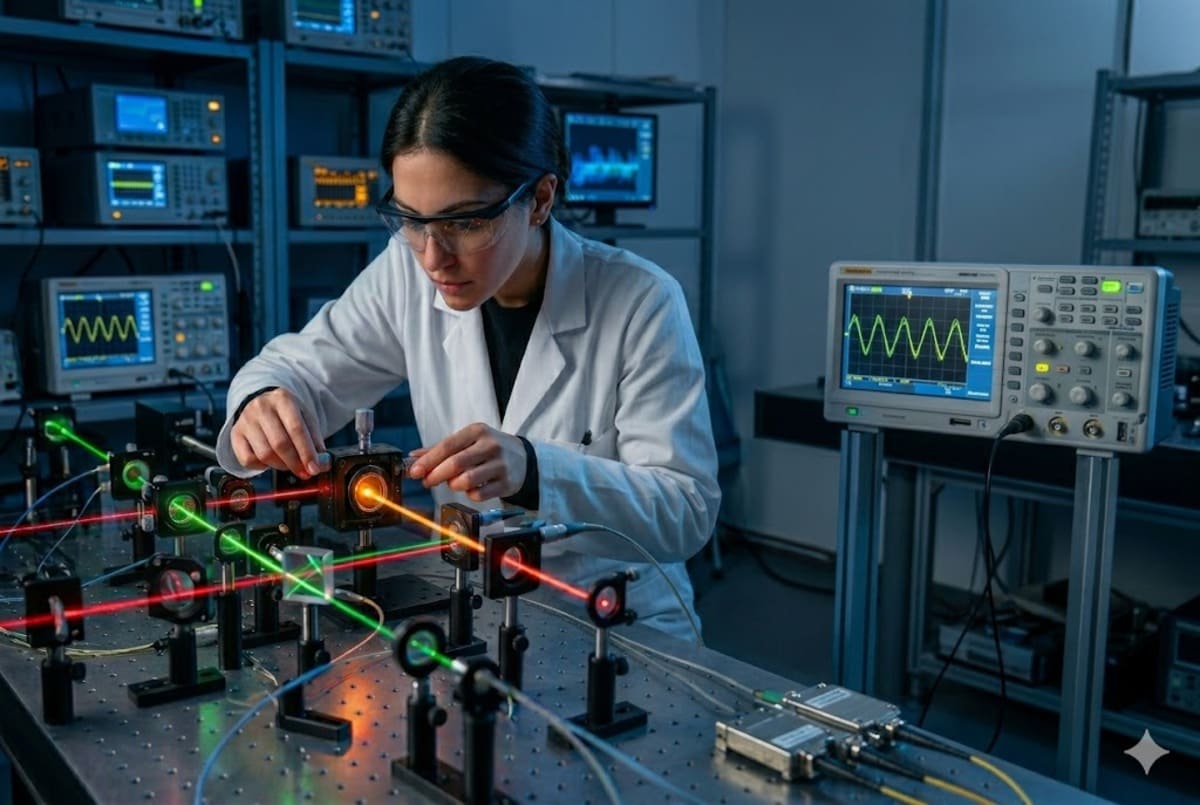 Uno scienziato in laboratorio mentre calibra i sistemi laser per la sincronizzazione dei nodi quantistici nella rete in fibra.