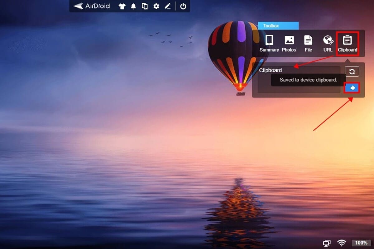Schermata di AirDroid Web Client con la funzione appunti attiva per copiare testo dal PC all'iPhone